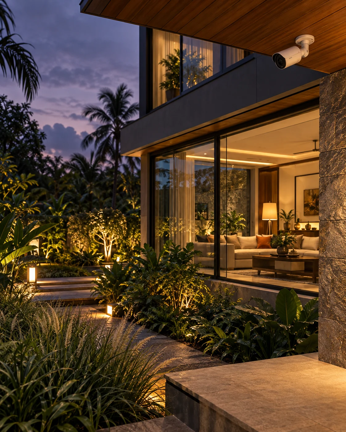 A warmly lit contemporary home at dusk with a discreet security camera